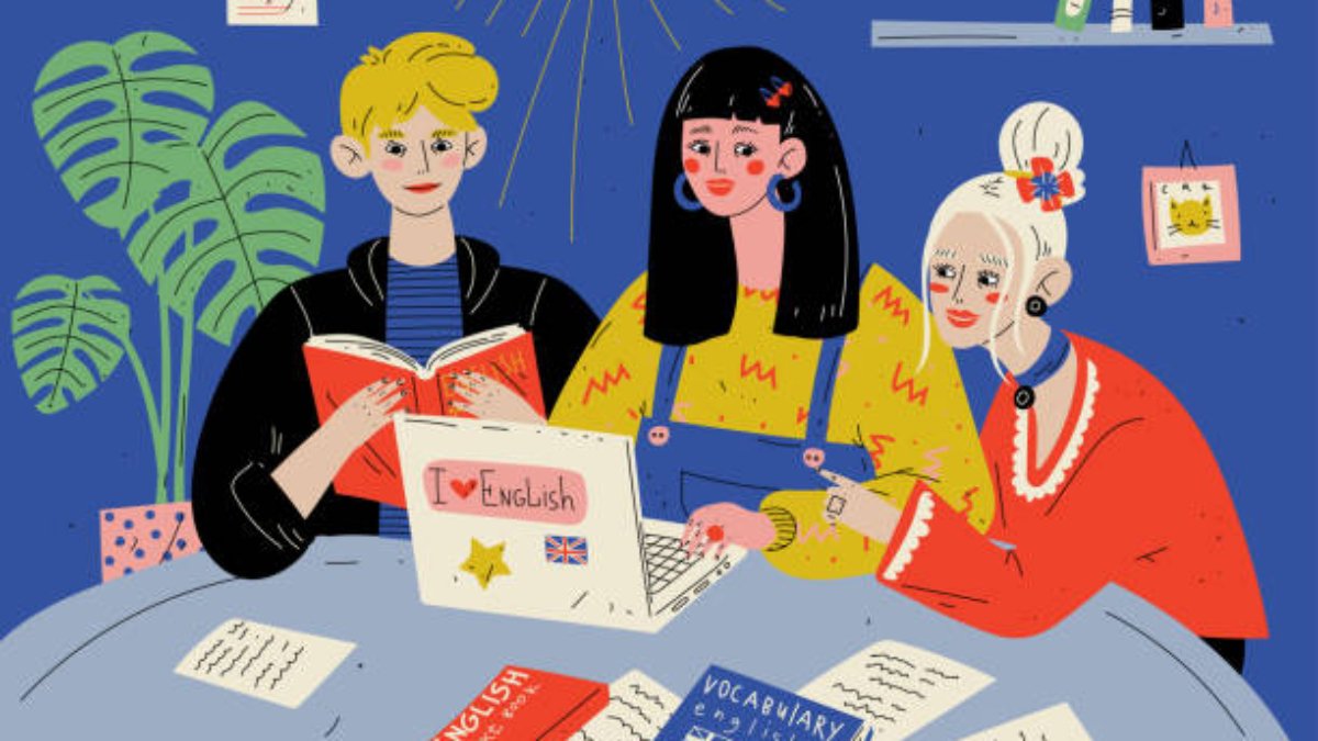 Learn English. Students studying with books. Group of people in classroom.